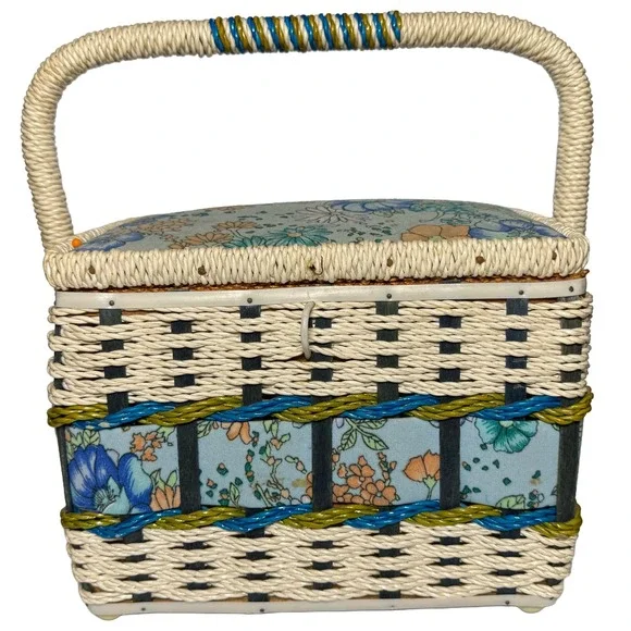Mid Century Wicker Sewing Basket Floral Fabric Red Satin Lining Cottagecore