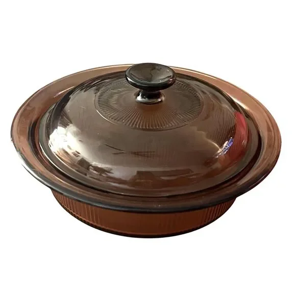 Vintage Vision Corning Amber Glass Round Casserole Pan 1.5QT V-32-B With Lid USA