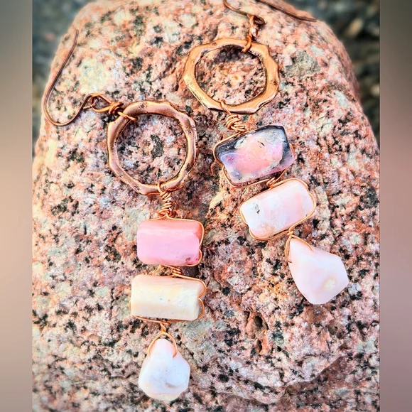 Whispers From Andes Genuine Pink Peruvian Opals In Antique Copper Drop Earrings