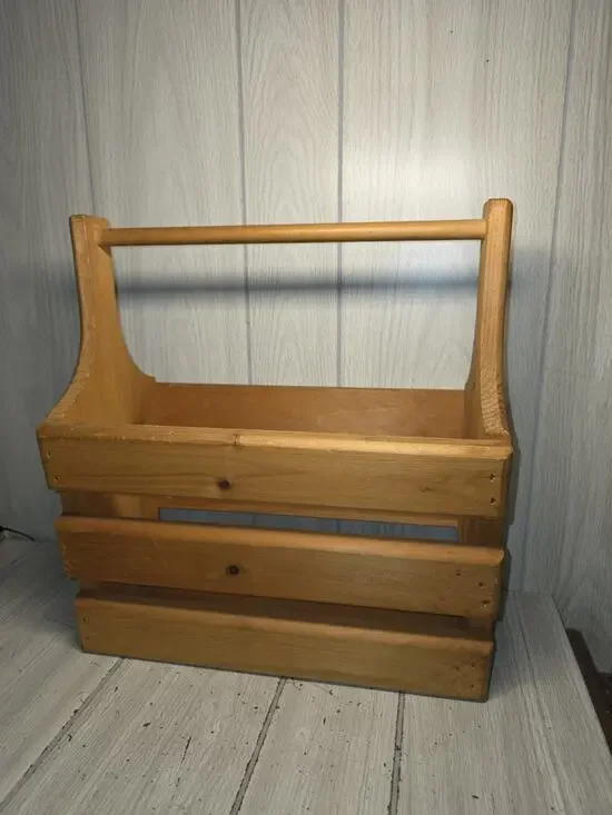 Vintage Handmade Wooden Slat Storage Basket Caddy With Handle Farmhouse Country