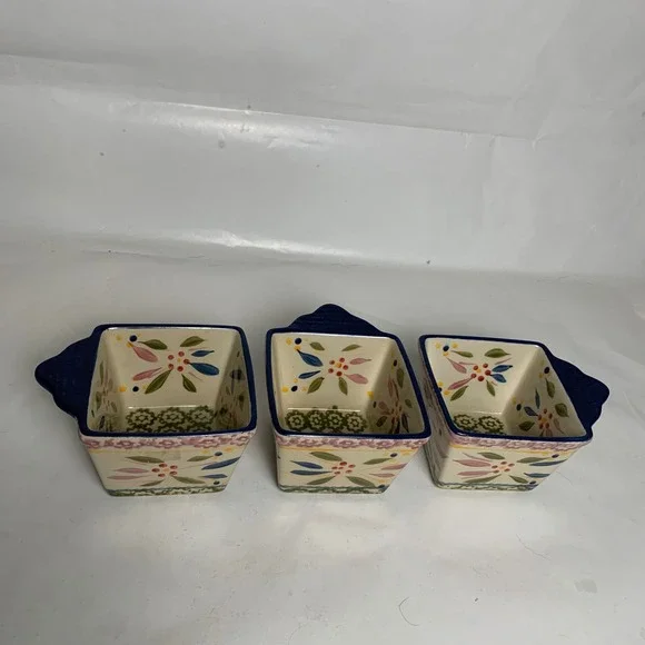 Temp-tations Ramekin Set 3 Old World Floral Square 10oz Ceramic Blue EUC