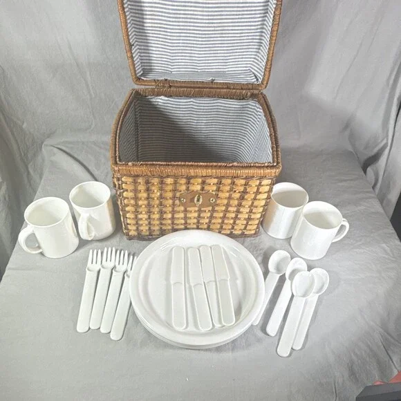 Wicker Picnic Basket Set for 4, Striped Liner, Plates Cups Flatware, 20pc