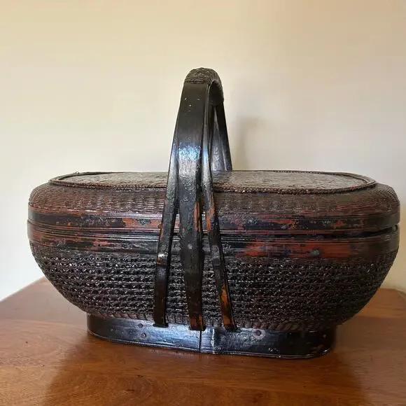 Vintage, Hand-Woven Chinese Bamboo and Rattan Basket, Black Lacquer