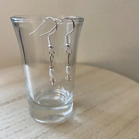 White Pink Beaded Earrings