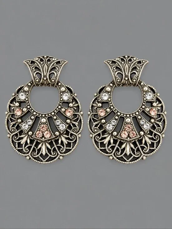 1928 Regency Silver Filigree Drop Earrings with Pink & Blue Crystals