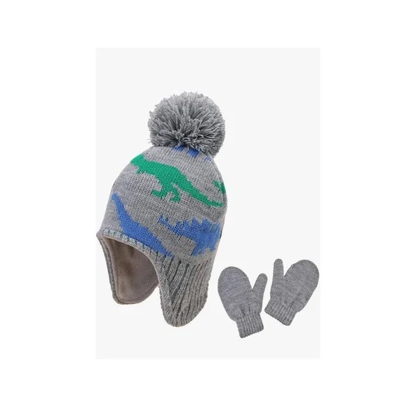 Kids Dinosaur Knit Beanie Hat with Ear Flaps Fleece Lined‎ and Mittens Set Grey