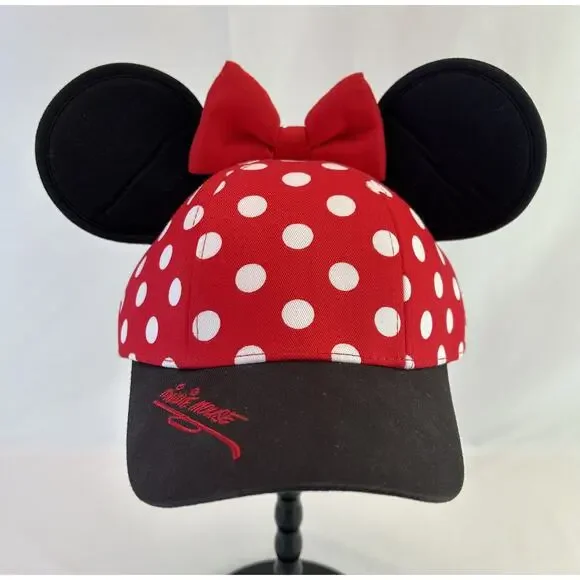 Disney Parks‎ Minnie Mouse Youth Baseball Cap Hat Red Polka Dot Ears Bow