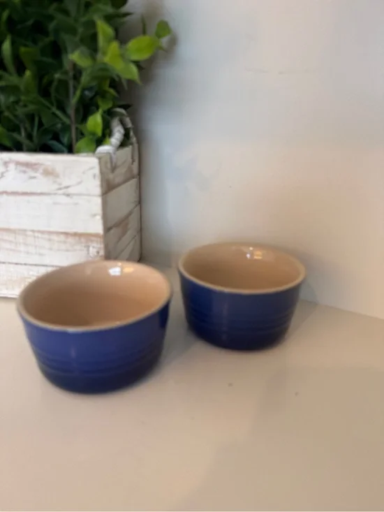 Le Creuset Blue Stoneware Ramekins Set of 2 4” Mini Bowls