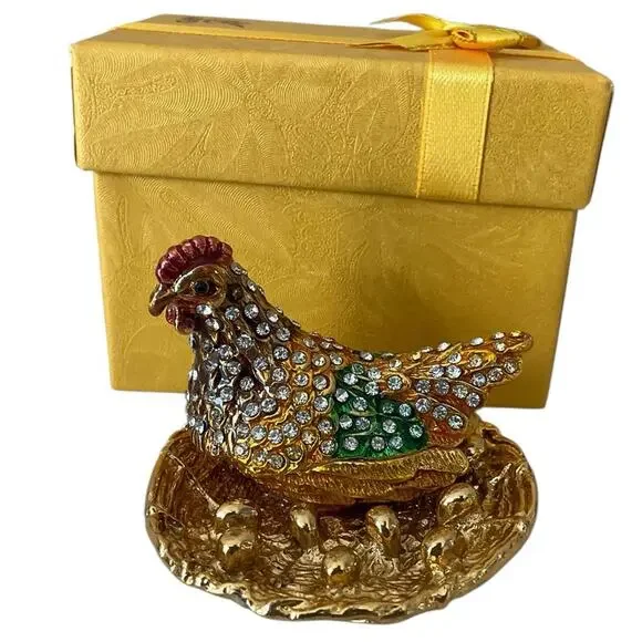 Trinket Jewelry Box Box Bejeweled Hen on her Nest Bling Figurine Gift Box NIB