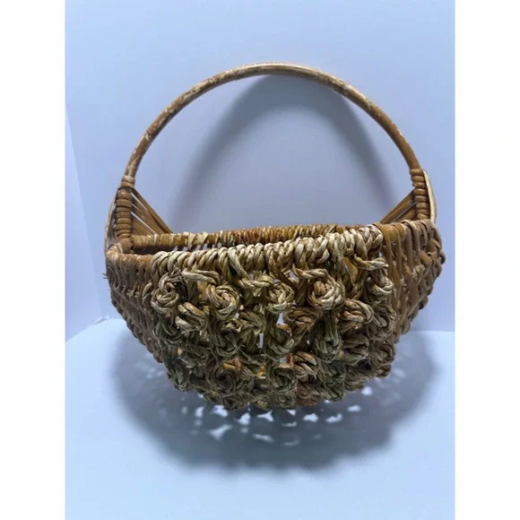 Vintage Wicker Wall Pocket Basket Knotted Rope Detail Crescent Half‎ Moon Brown