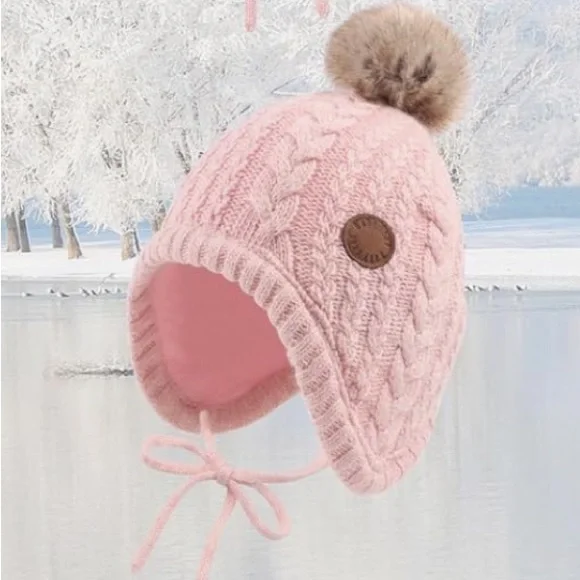 NEW! Baby Beanie Hat Infant Earflap Cap with Pom Pom Polyester Lined Pink
