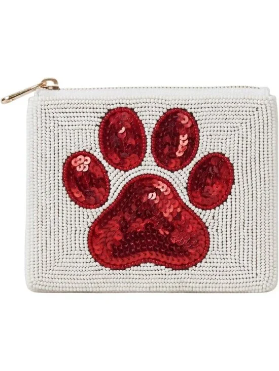 Red Beaded Coin Purse with Zipper, Paw Print Design, Cute Change Wallet