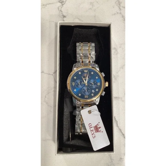 OLEVS Mens Chronograph Watch Blue Dial Two Tone Stainless Steel‎ Moon Phase New