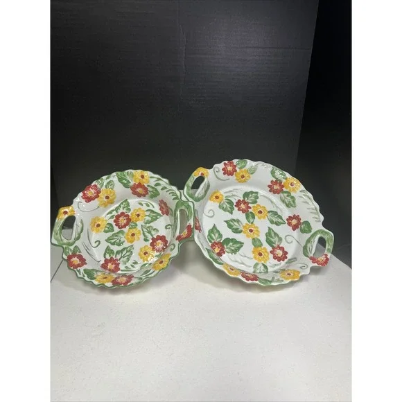 Set Of 2 TEMP-TATIONS By Tara Casserole Baking Dishes Red‎ Yellow Floral