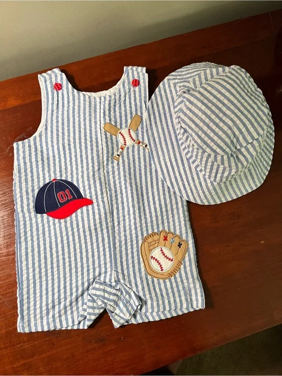 Good Lad Blue & White Striped Baby Sun Hat and Romper Set - Baseball Appliqué