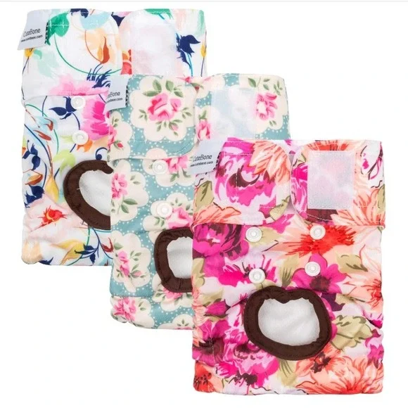 Cute‎ Bone 3 Pc Floral Reusable Dog Diaper Size Medium NEW Flower Heat Pee