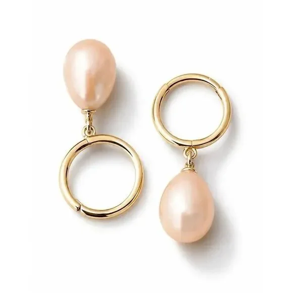 Large Pink Freshwater Pearl Drop Dangle Earrings, Gold Tone