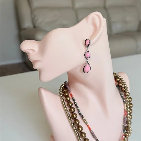 Pink Triple-Drop Stone Dangle Earrings - Women Jewelry