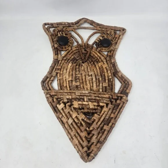 Vintage Woven Wicker Owl Wall Hanging Basket Boho Decor Natural Brown 16.5in
