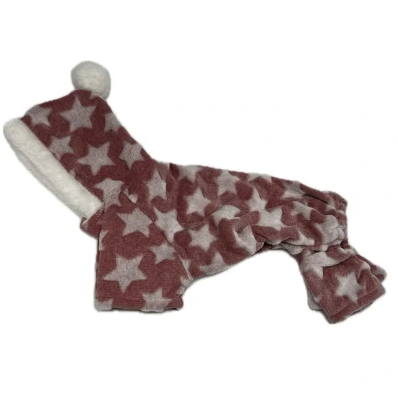Barkley & Finn Soft Fuzzy Fleece Hooded Dog Pajamas Pink with Stars PomPom Small