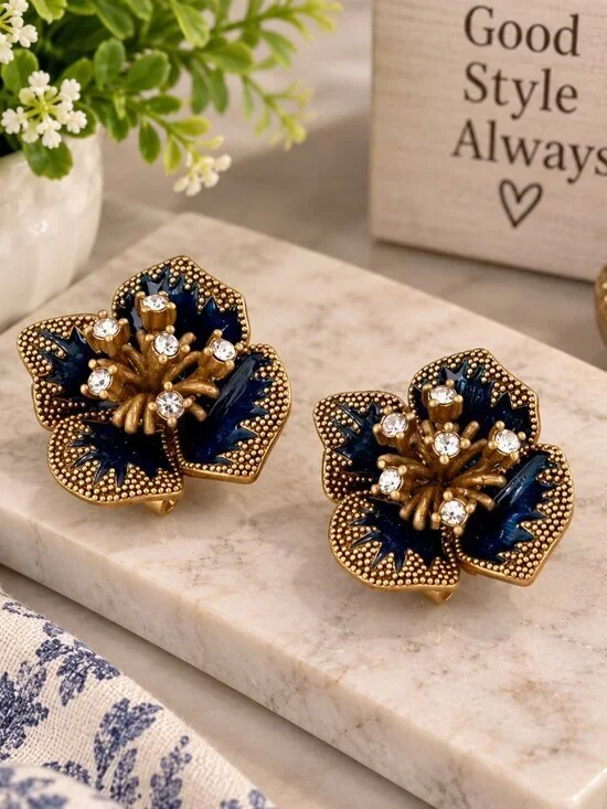 Artisan Gold & Blue Floral Statement Earrings 1.18” NWT