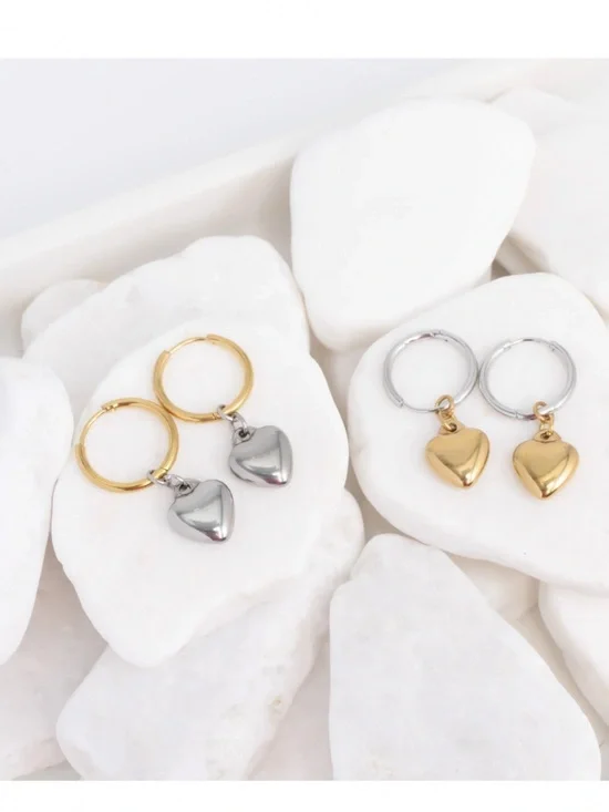Earrings 18K Gold PVD Stainless Steel Mixed Metal Huggie Heart Charm