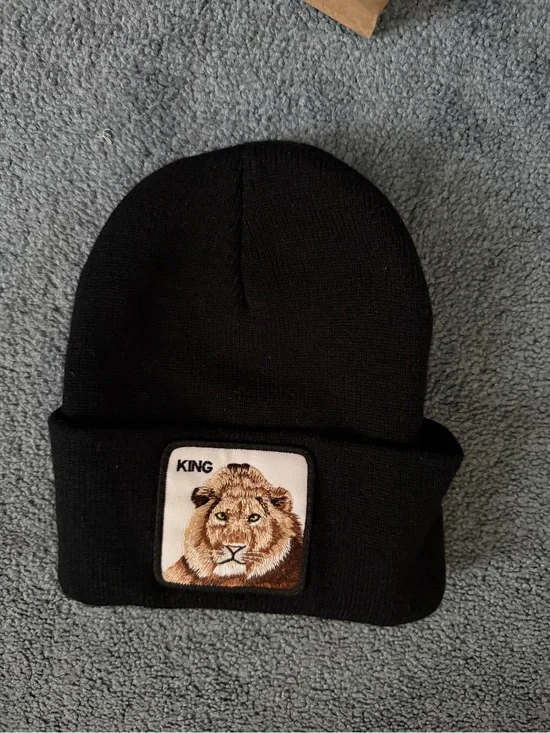 Black Kids Beanie with Lion Patch