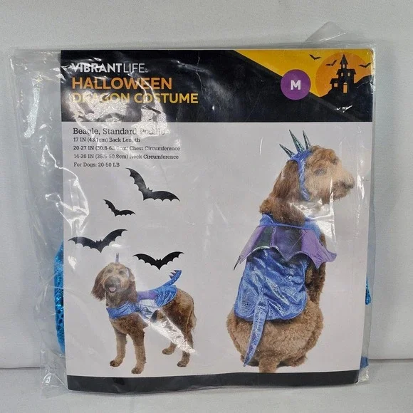 New Vibrant Life Halloween Dragon Costume Dog Medium Blue Metallic Wings 2pc Set