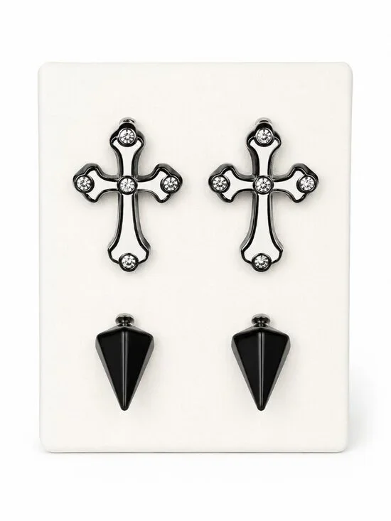 Black Cross & Spike Stud Earrings Gothic Halloween Set (2 Pairs) NWT