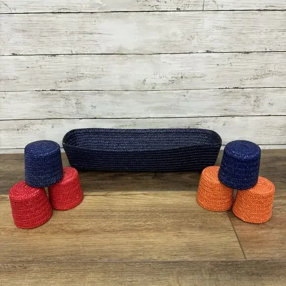 Rosenthal Netter Woven Rectangle Basket Blue With 6 Cups Red Orange Blue