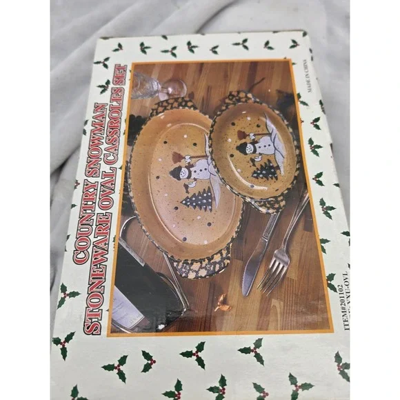 Nos Vtg Country Snowman Stoneware Oval Casserole Baking Dish Set 2 Pc Christmas