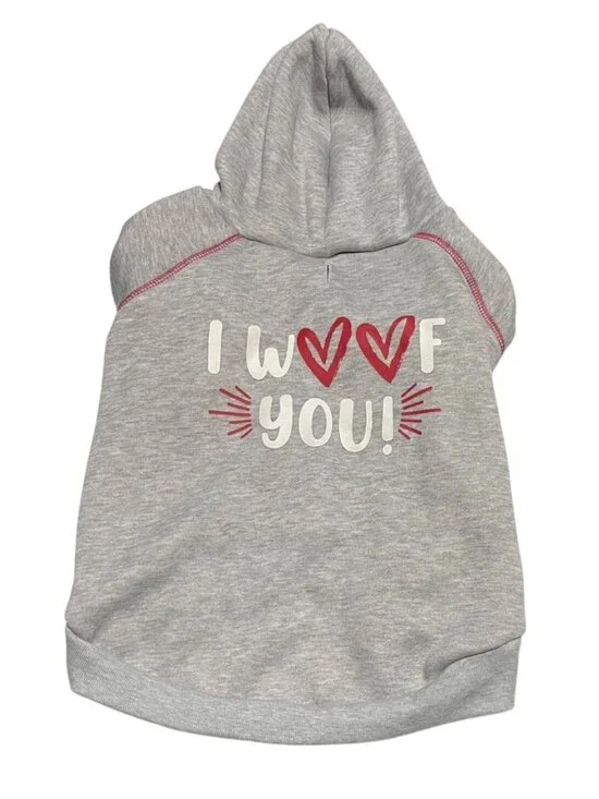Gray Woof Dog Hoodie Sweatshirt XL I Wuff You Red & White Polyester