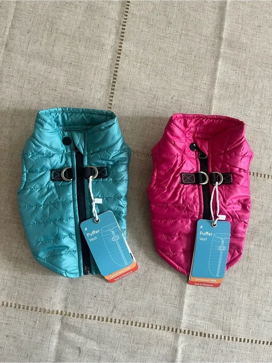 Two Gooby Puffer Vest Dog Jackets - Pink + Turquoise, X-Small, NWT, Bundle