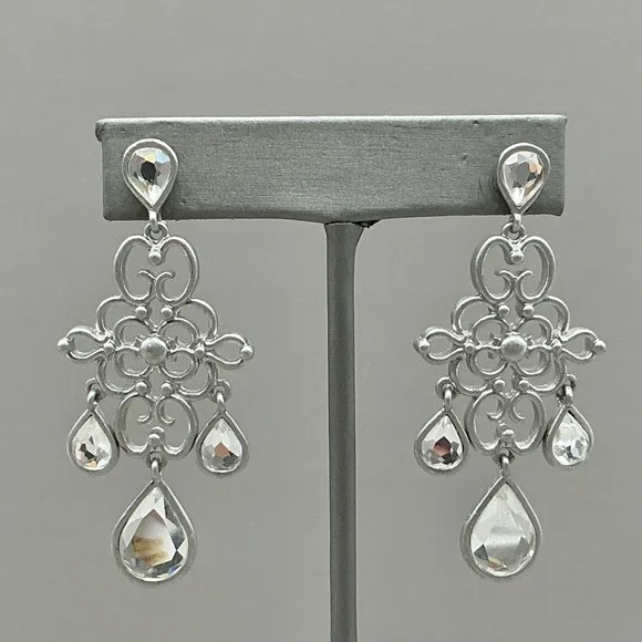 Lia‎ Sophia Earrings Womens Silver Tone Filigree Crystal Dangle Drop 2.25 Inch