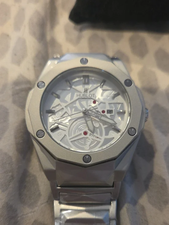 Hubl0t Men's White/Silver Skeleton Dial Bracelet Watch Automatic Heavy Fits Sz 8