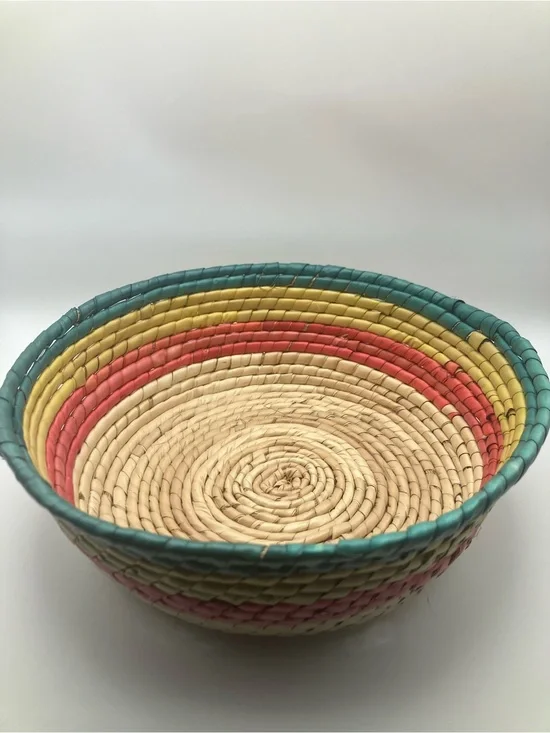 Handwoven Multi-Color Decorative Woven Basket - Natural, Teal, Yellow, Coral