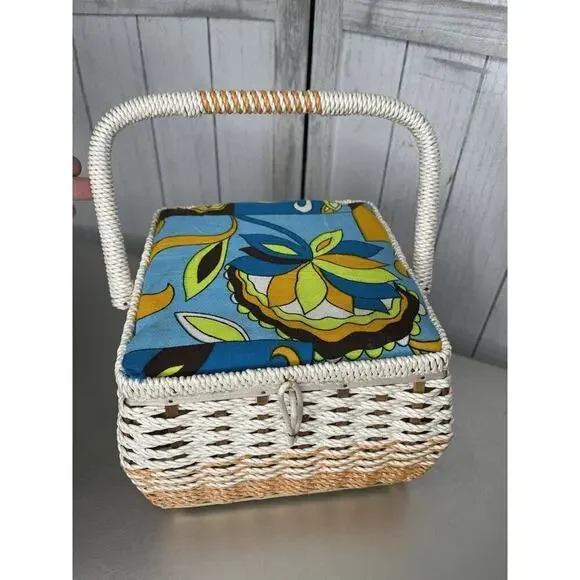 Vintage 70s Sewing Basket Retro Square Woven Blue Green Floral Psychedelic Japan