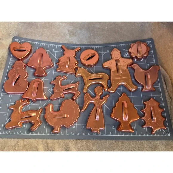 Vintage Copper Colored Aluminum Cookie Cutter Set 14pc Holiday Christmas Shapes