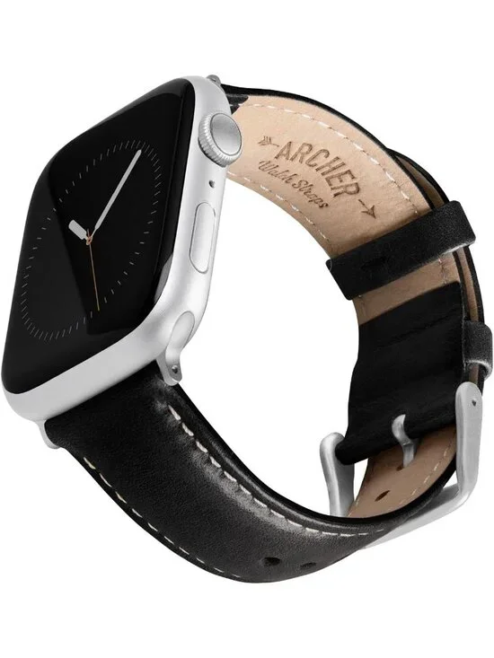 Men's Black/Natural Thread, Matte Silver Hardware Leather Straps Apple Watch