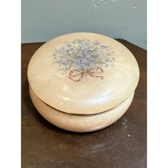 Vintage Italy Carved Alabaster Jewelry Box Hinged Lid Hand Painted Flowers 4.5