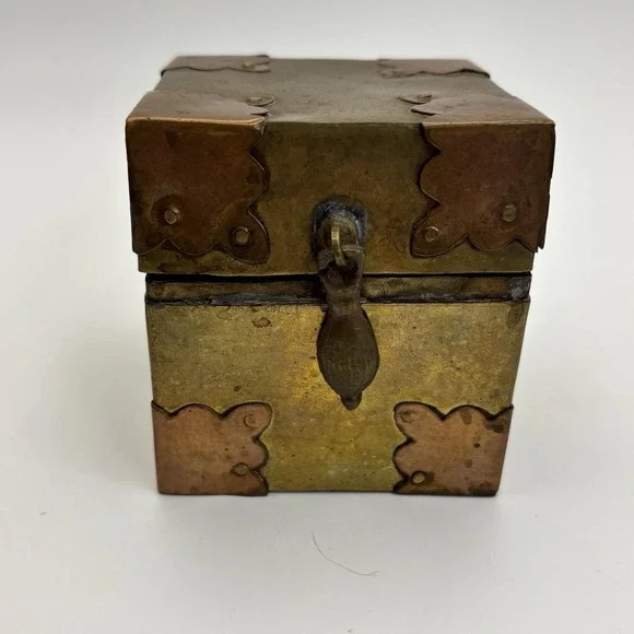 Vtg Brass Copper Box Wood Lined Hand Crafted‎ Brass Fitted Made In India Patina