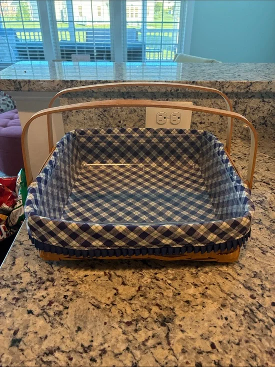 Longaberger Blue and White Gingham Square Basket with Wooden Handles