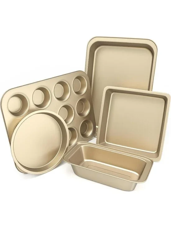 5-Piece Gold Nonstick Bakeware Sets Kitchen Cookware Sets Muffin Loaf Roast Pan