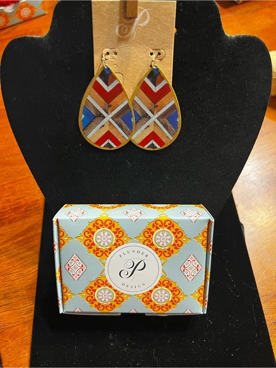 Plunder Red, Blue, Brown & Cream Geometric Teardrop Earrings