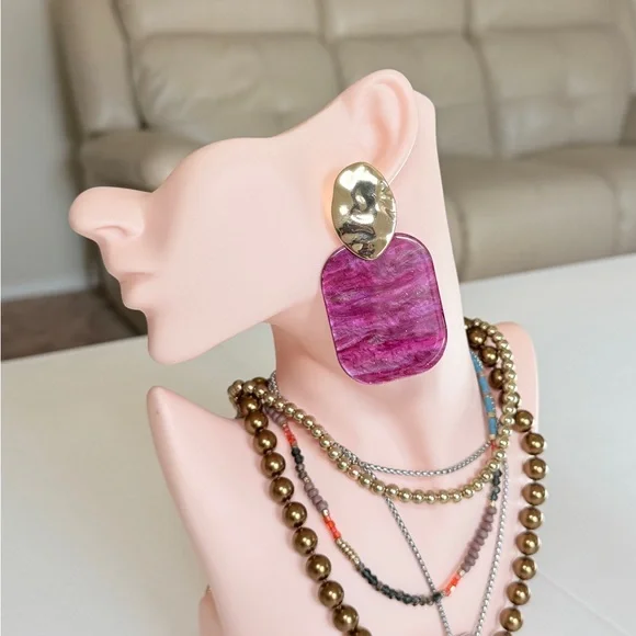Gold & Pink Statement Drop Earrings - Fashion Jewelry