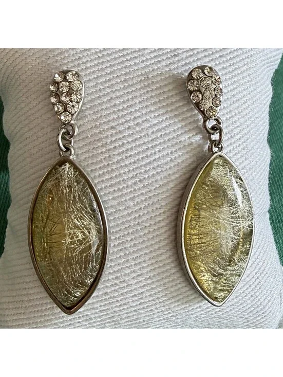 Faux Rutilated Quartz Drop Earrings Marquise Silver Tone Pavé Crystal Dangle