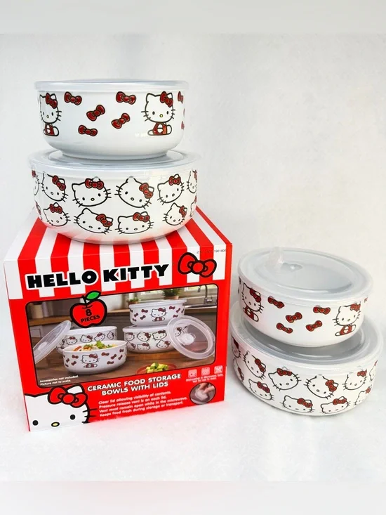 Hello Kitty White Ceramic Bowls with Red Bow Accents & Lids - 8 Piece Set