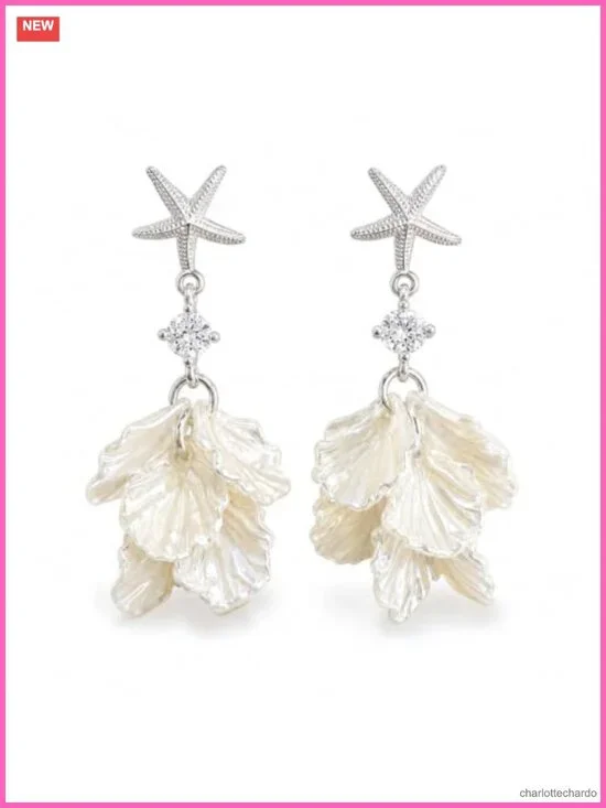 Starfish Shell Drop Earrings Pearl Dangle Silver Tone Ocean Statement