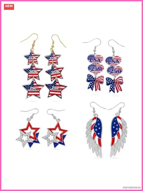 Patriotic Earrings Set 4 Pairs Acrylic July 4th America 250