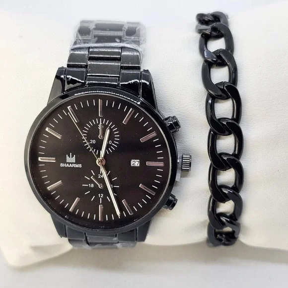 Men's 2 PC Watch Bracelet Set 42MM Black‎ Dial Date Indicator Black Bracelet